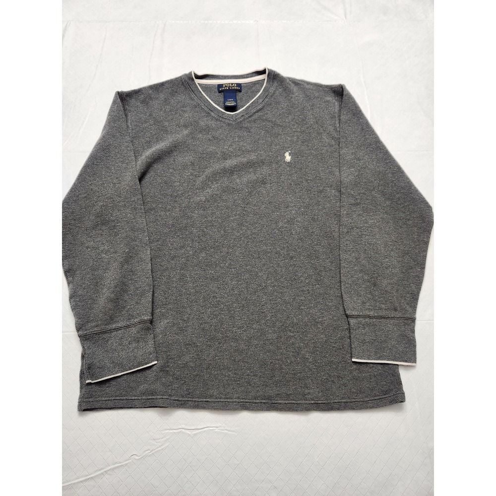 Polo Ralph Lauren Sweater Mens Large Gray V Neck Cotton Waffle Knit Pony Logo‎